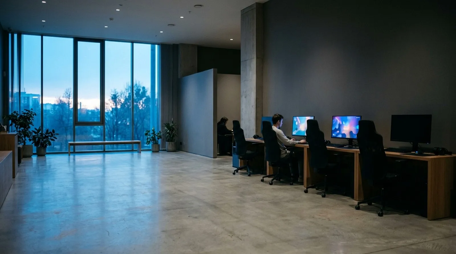 A calm, light-filled computer club hall with widely spaced gaming stations at dawn