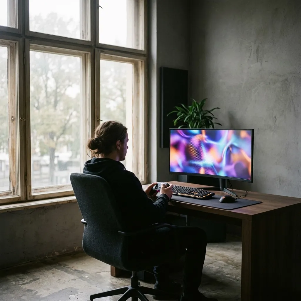 A single gaming station beside a window in Window five, sunlight on the desk