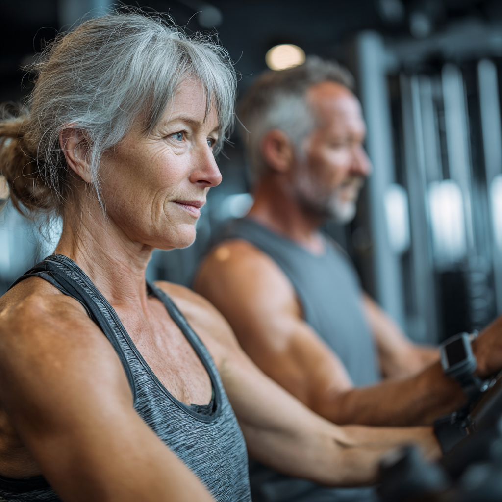 Mature adults using modern fitness technology and equipment in a contemporary training environment